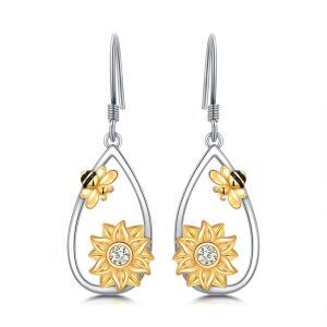 Sterling Silver Sunflower Bee Teardrop Dangle Earrings-0