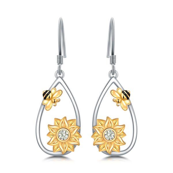 Sterling Silver Sunflower Bee Teardrop Dangle Earrings-0