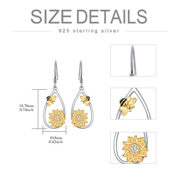 Sterling Silver Sunflower Bee Teardrop Dangle Earrings-1