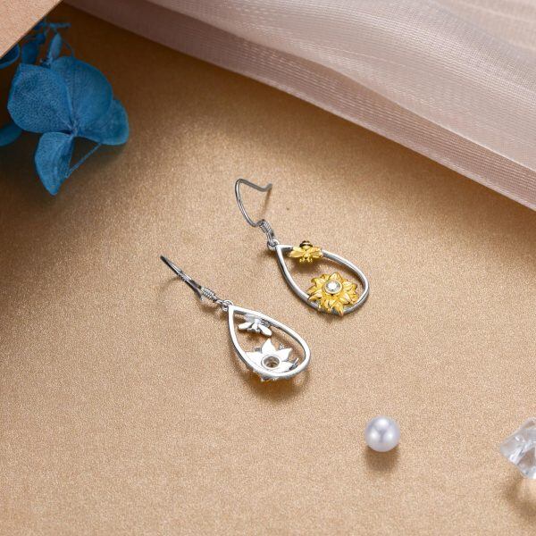 Sterling Silver Sunflower Bee Teardrop Dangle Earrings-4