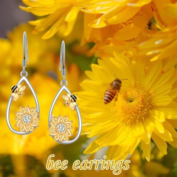 Sterling Silver Sunflower Bee Teardrop Dangle Earrings-5