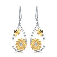 wholesale 925 Sterling Silver Sunflower Bee Drop Earrings s for Women- Rhodium And Gold Plated