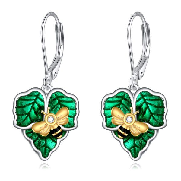 Sterling Silver Bee Enamel Green Leaf Drop Earrings-0