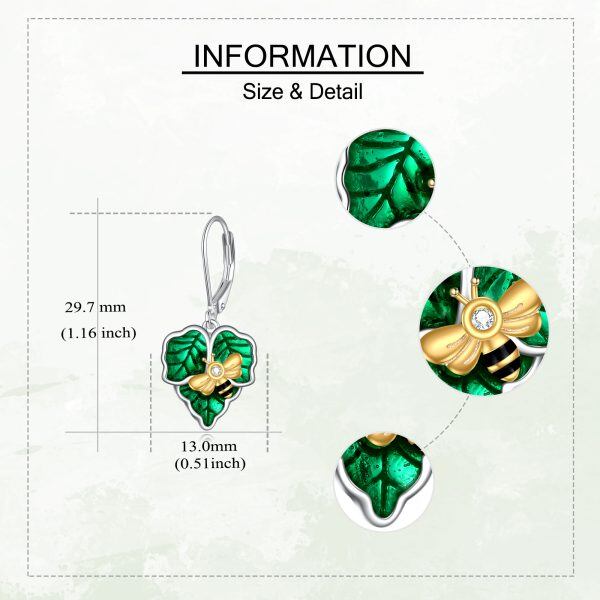 Sterling Silver Bee Enamel Green Leaf Drop Earrings-1