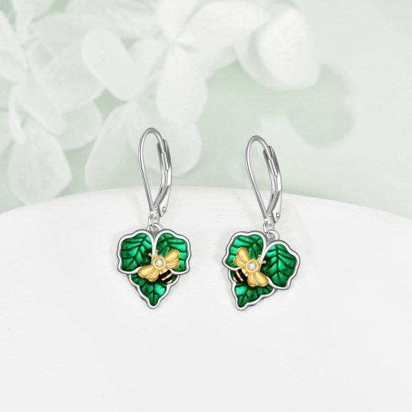 Sterling Silver Bee Enamel Green Leaf Drop Earrings-3