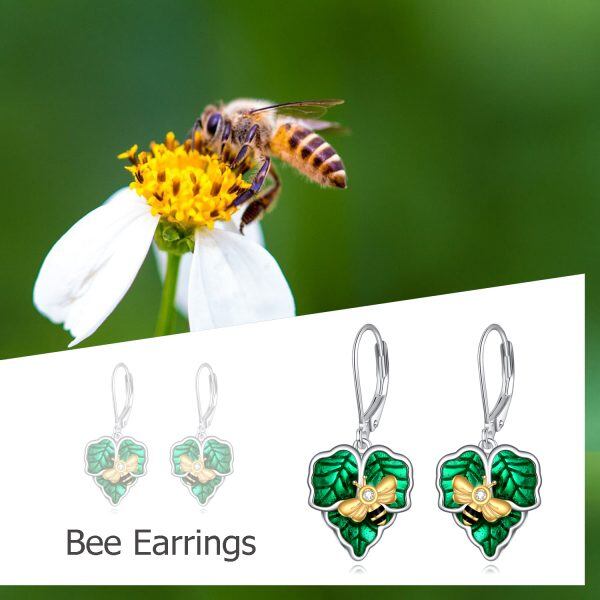 Sterling Silver Bee Enamel Green Leaf Drop Earrings-5