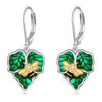 wholesale 925 Sterling Silver Green Enamel Bee & Leaf Dangle Drop Earrings for Women Gift- Rhodium And Gold Plated