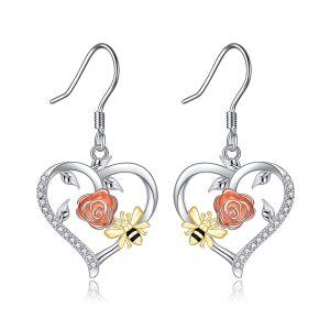 Sterling Silver Sun Flower Bee Heart Dangle Earrings-0