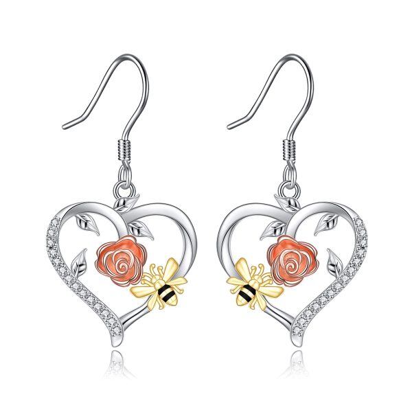 Sterling Silver Sun Flower Bee Heart Dangle Earrings-0