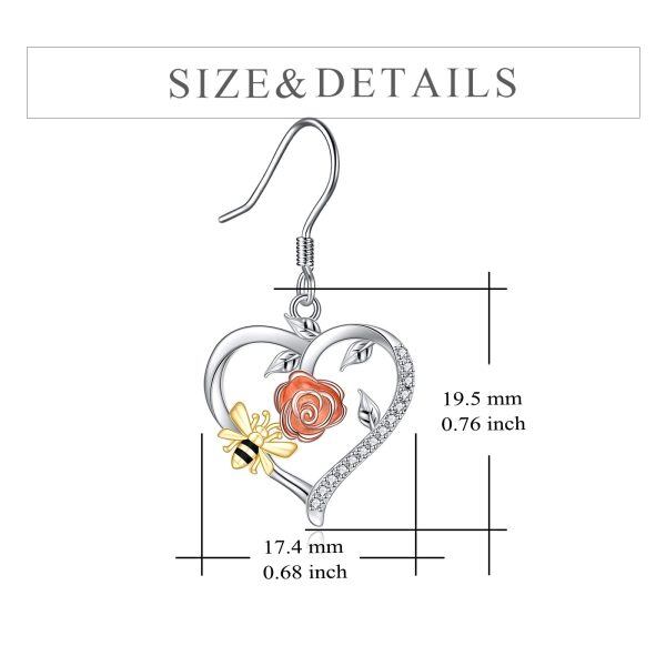 Sterling Silver Sun Flower Bee Heart Dangle Earrings-1