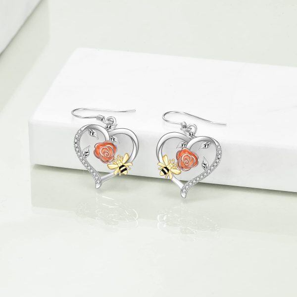 Sterling Silver Sun Flower Bee Heart Dangle Earrings-3