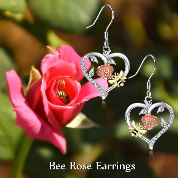 Sterling Silver Sun Flower Bee Heart Dangle Earrings-5