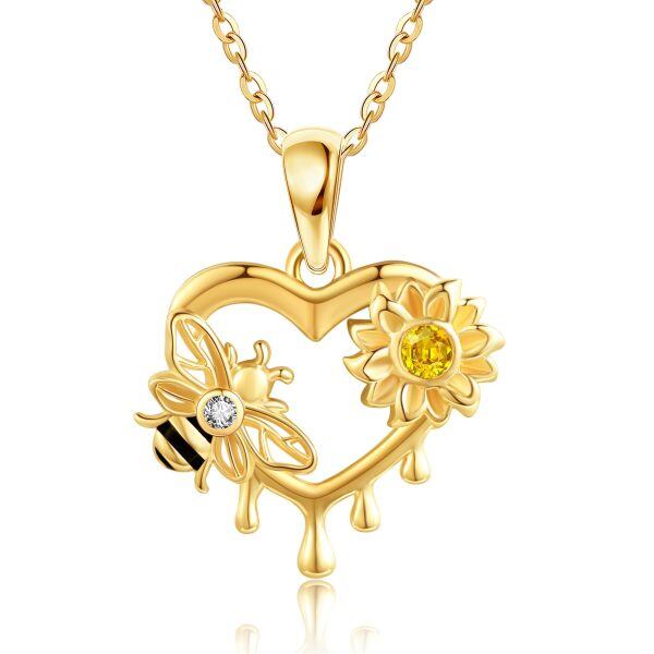 14K Solid Gold Sunflower Bee Heart Pendant Necklace-0