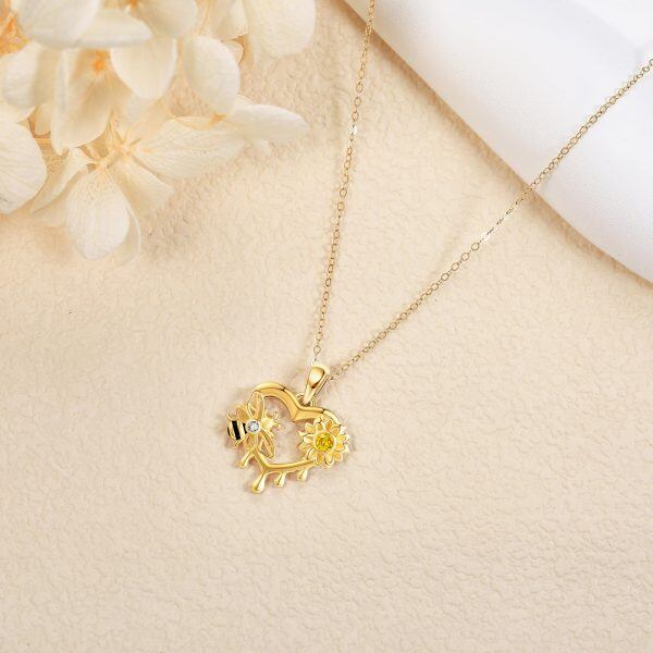 14K Solid Gold Sunflower Bee Heart Pendant Necklace-3