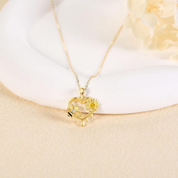 14K Solid Gold Sunflower Bee Heart Pendant Necklace-4