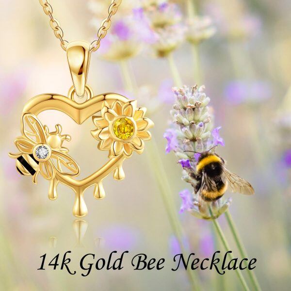 14K Solid Gold Sunflower Bee Heart Pendant Necklace-5