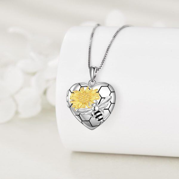 Sterling Silver Bee Heart Locket Necklace-4