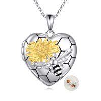 wholesale 925 Sterling Silver Metal Bees Honeycomb Sunflower Photo Locket Necklaces for Women Girls s with Chain 45cm/18inch Length (Heart)- Rhodium And Gold Plated