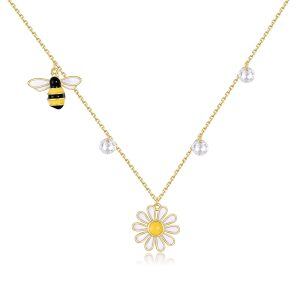 Sterling Silver Enamel Daisy Bee Pendant Necklace-0