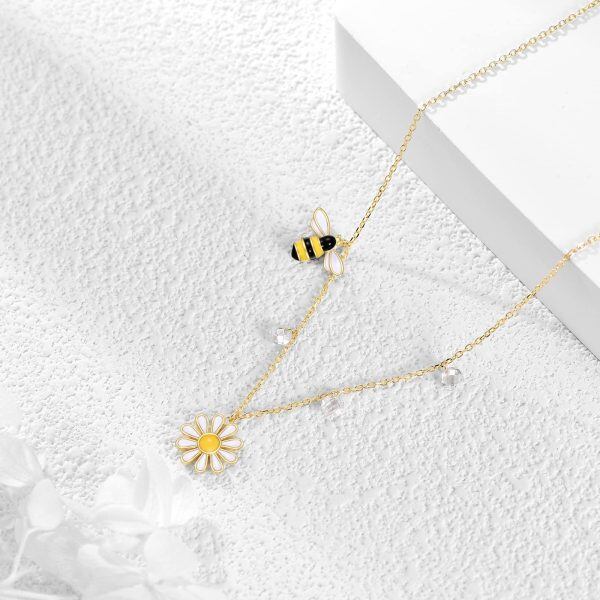 Sterling Silver Enamel Daisy Bee Pendant Necklace-3