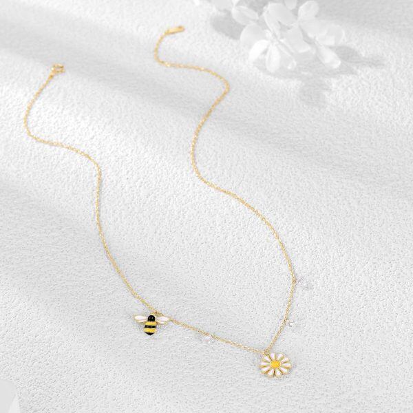 Sterling Silver Enamel Daisy Bee Pendant Necklace-4