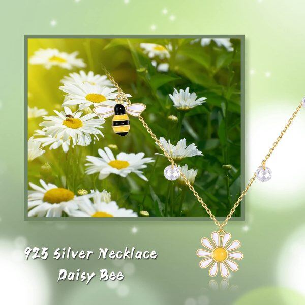 Sterling Silver Enamel Daisy Bee Pendant Necklace-5