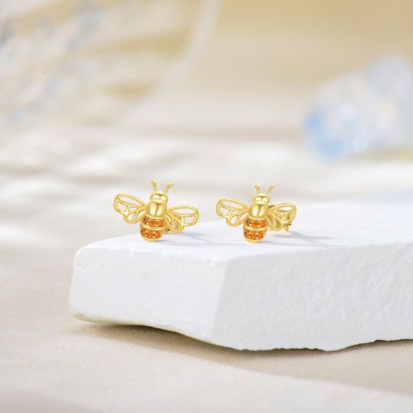 14K Solid Gold Bee Stud Earrings-4