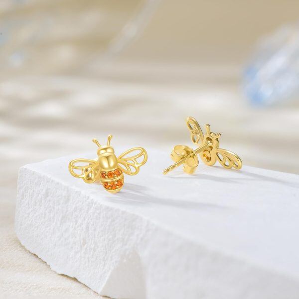 14K Solid Gold Bee Stud Earrings-5