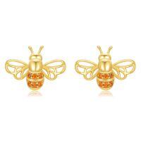 wholesale 14K Gold Honeybee Stud Earrings with Orange Stones - Christmas Gifts for Her- Gold Plated