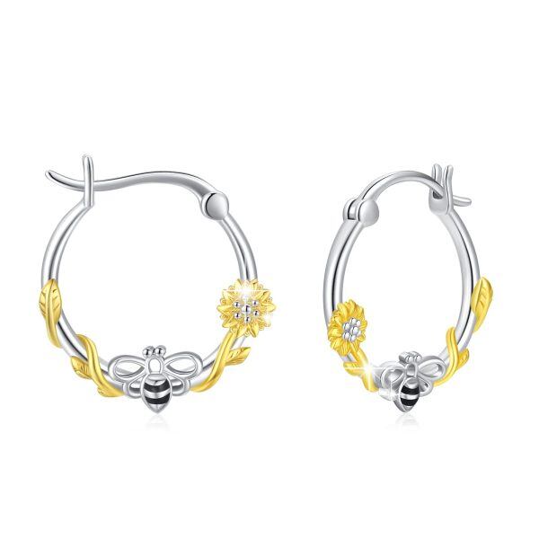 Sterling Silver Daisy Bee Hoop Earrings-0