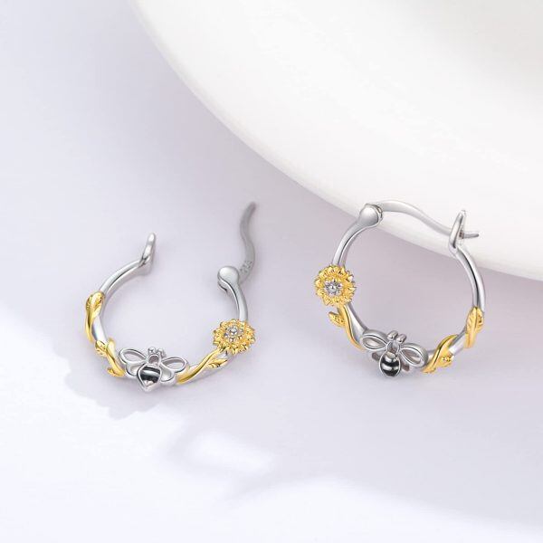 Sterling Silver Daisy Bee Hoop Earrings-4