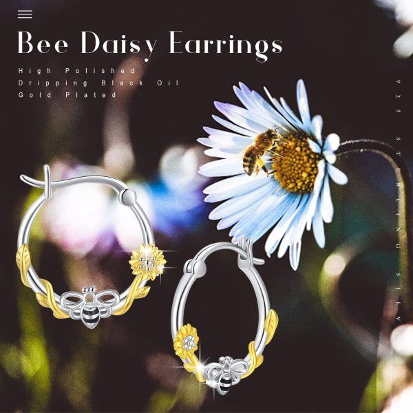 Sterling Silver Daisy Bee Hoop Earrings-5