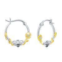 wholesale 925 Sterling Silver Bee & Sunflower Hypoallergenic Hoop Earrings- Rhodium And Gold Plated