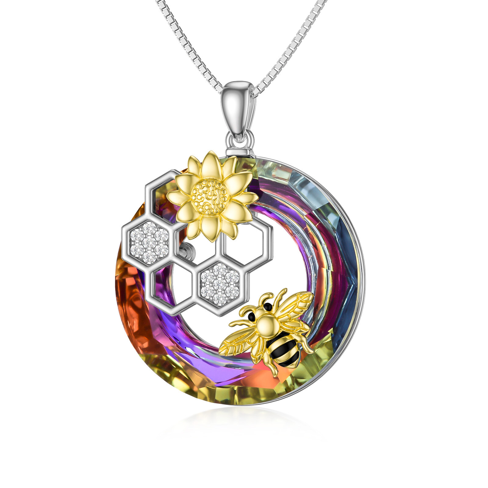 Sterling Silver Daisy Flower Bee Pendant Necklace with Crystal Circle - Rhodium And Gold Plated-0-0
