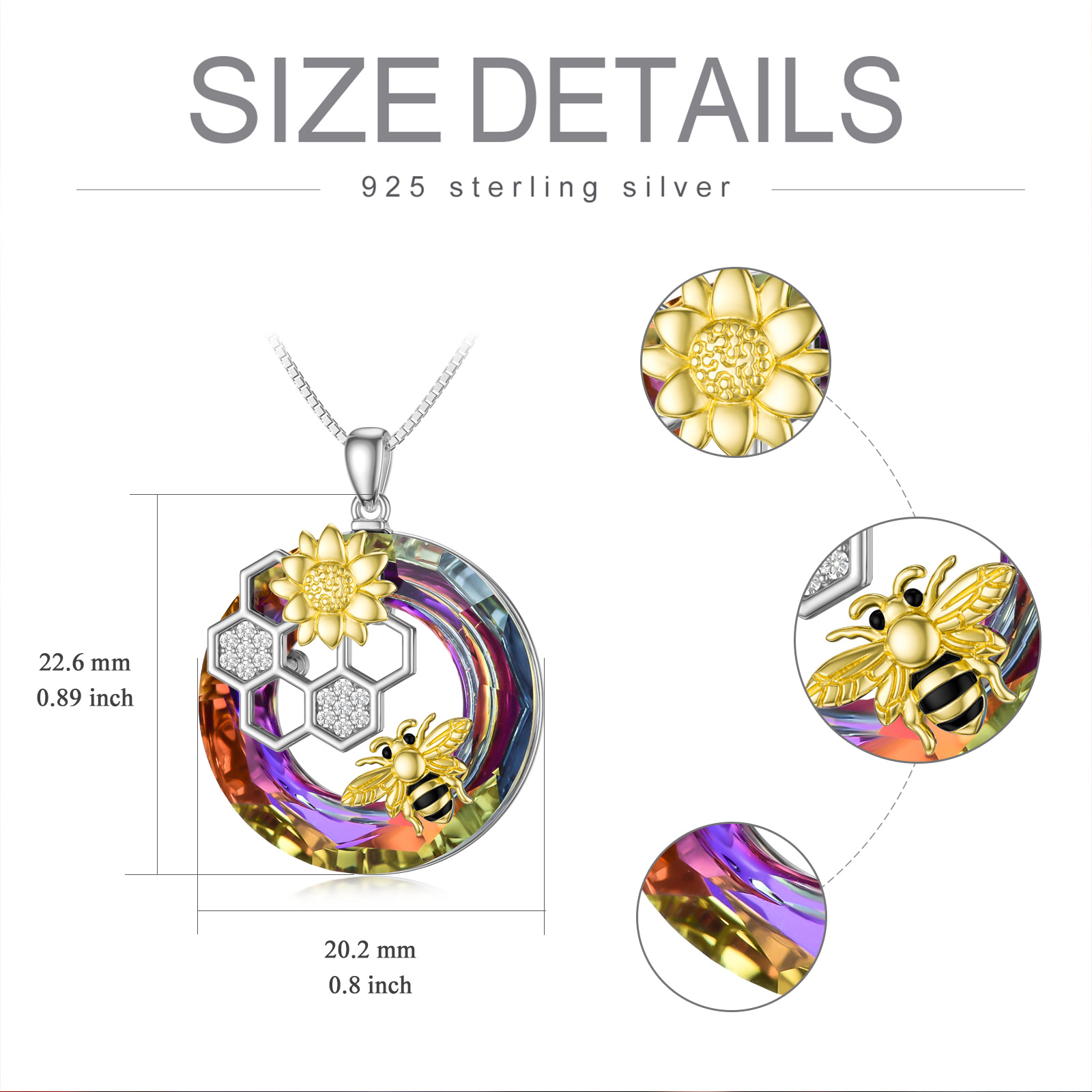 Sterling Silver Daisy Flower Bee Pendant Necklace with Crystal Circle - Rhodium And Gold Plated-0-1