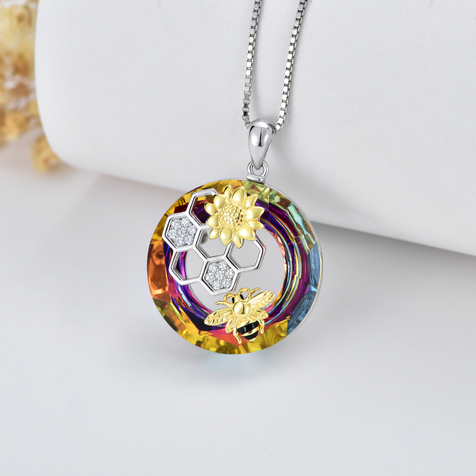 Sterling Silver Daisy Flower Bee Pendant Necklace with Crystal Circle - Rhodium And Gold Plated-0-3