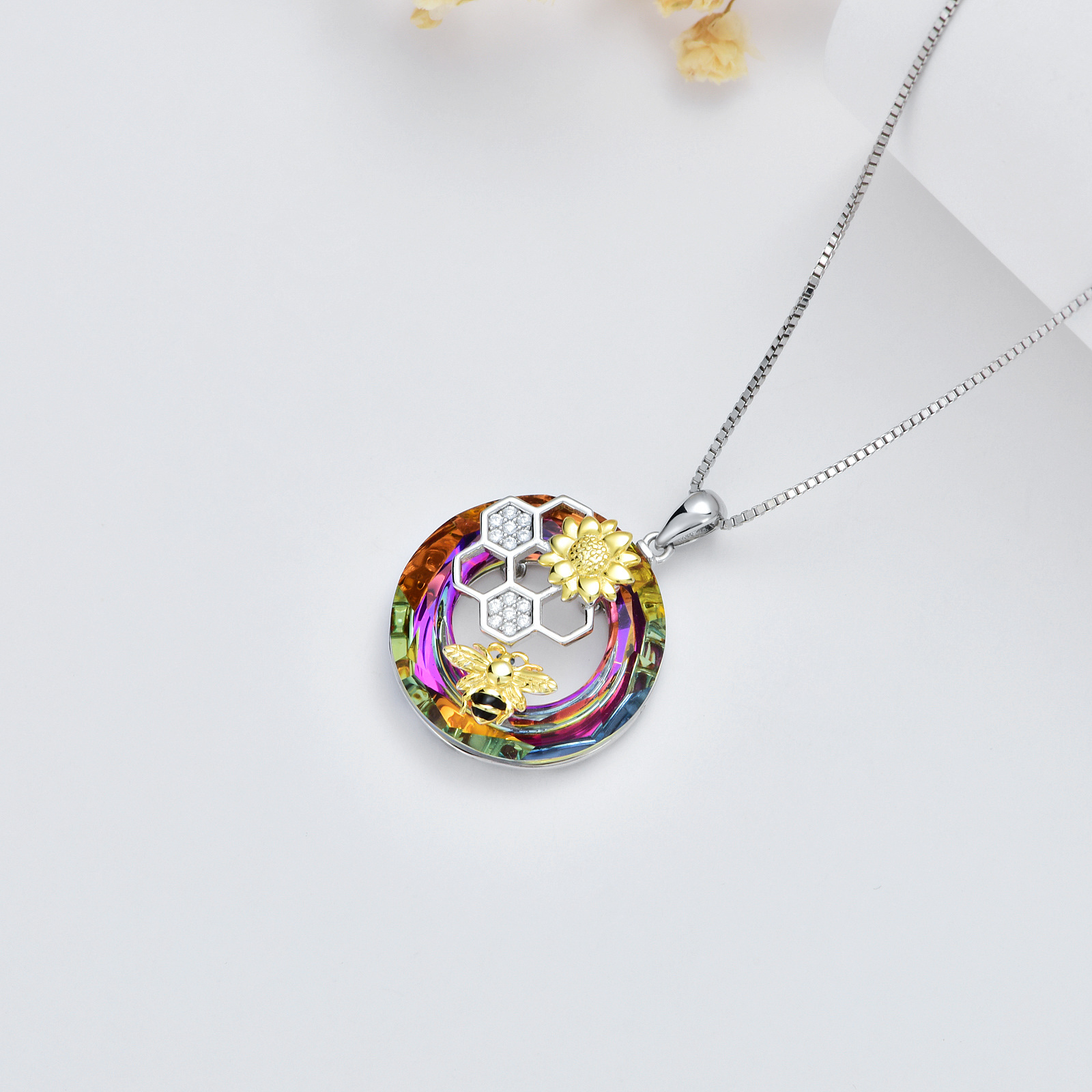 Sterling Silver Daisy Flower Bee Pendant Necklace with Crystal Circle - Rhodium And Gold Plated-0-4