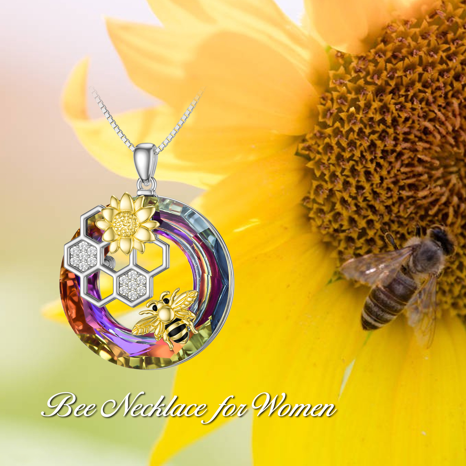 Sterling Silver Daisy Flower Bee Pendant Necklace with Crystal Circle - Rhodium And Gold Plated-0-5