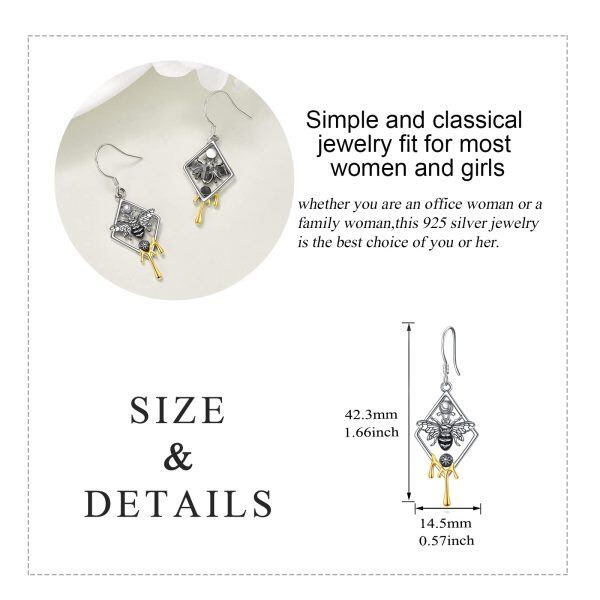 Sterling Silver Sun and Moon Bee Dangle Earrings-1