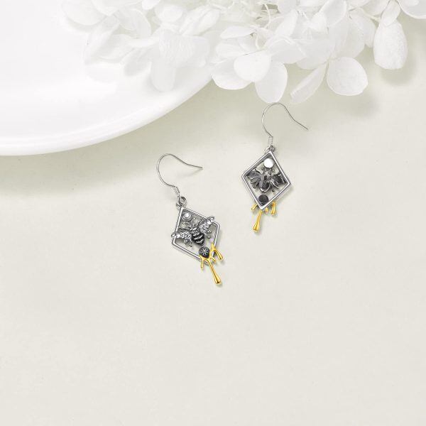 Sterling Silver Sun and Moon Bee Dangle Earrings-4