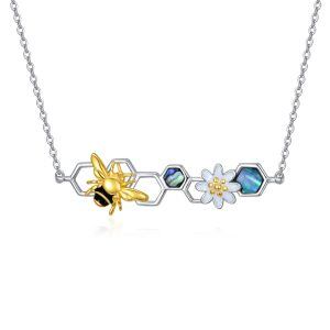 Sterling Silver Daisy Flower Bee Pendant Necklace with Abalone Shell-0