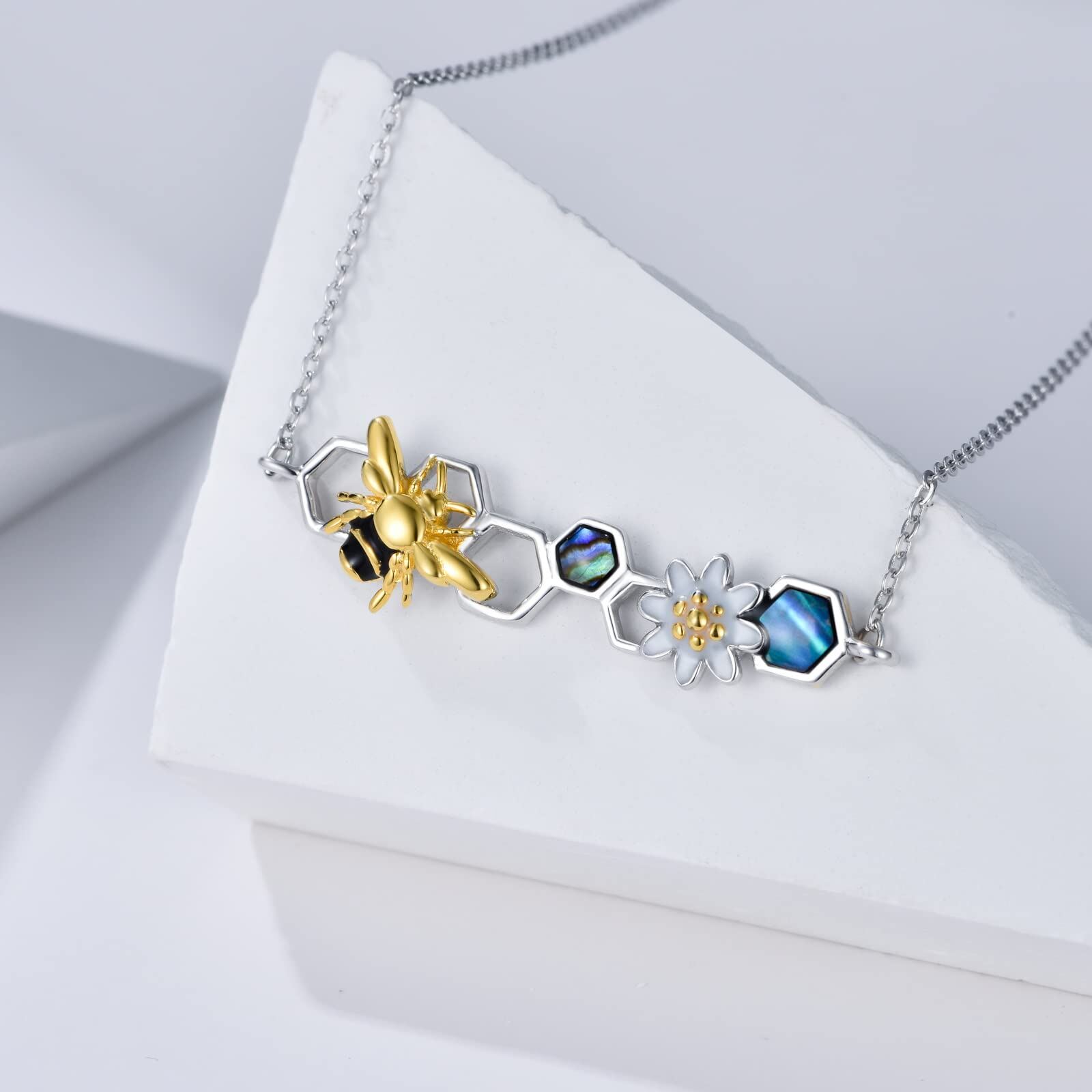 Sterling Silver Daisy Flower Bee Pendant Necklace with Abalone Shell - Rhodium And Gold Plated-0-3