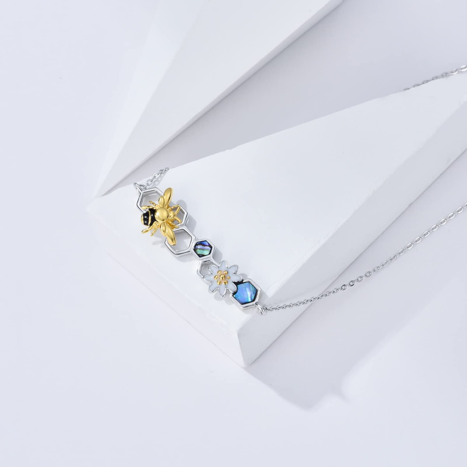 Sterling Silver Daisy Flower Bee Pendant Necklace with Abalone Shell - Rhodium And Gold Plated-0-4