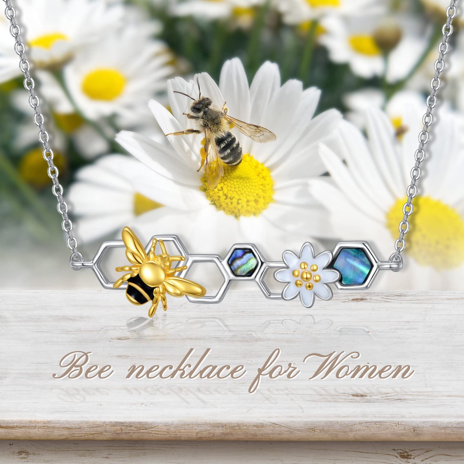 Sterling Silver Daisy Flower Bee Pendant Necklace with Abalone Shell - Rhodium And Gold Plated-0-5
