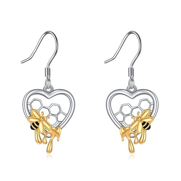 Sterling Silver Honeycomb Bee Heart Dangle Earrings-0