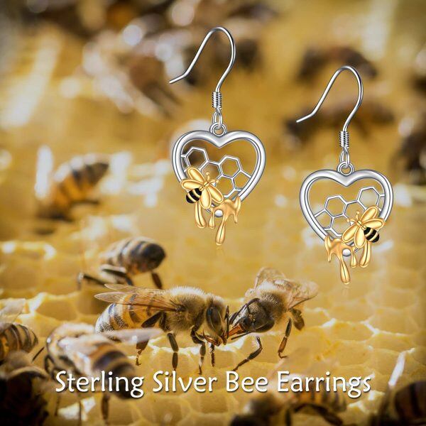 Sterling Silver Honeycomb Bee Heart Dangle Earrings-3