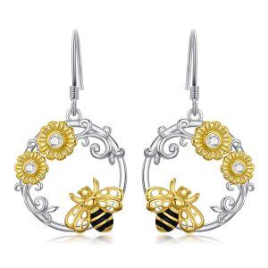 Sterling Silver Daisy Flower Bee Round Dangle Earrings-0