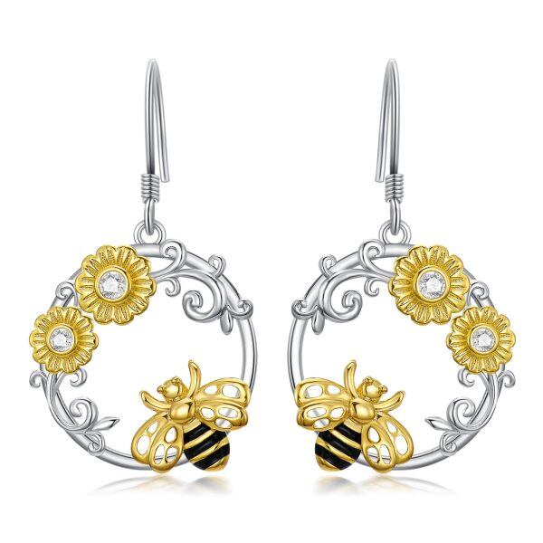 Sterling Silver Daisy Flower Bee Round Dangle Earrings-0