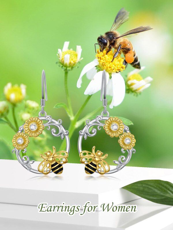 Sterling Silver Daisy Flower Bee Round Dangle Earrings-4