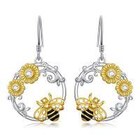 wholesale 925 Sterling Silver Sunflower & Honeybee Drop Earrings for Women Gifts- Rhodium And Gold Plated